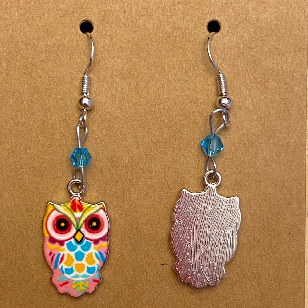 Hand Crafted Pink Multicolor Beaded Owl Dangle Earrings - Picture 3 of 4